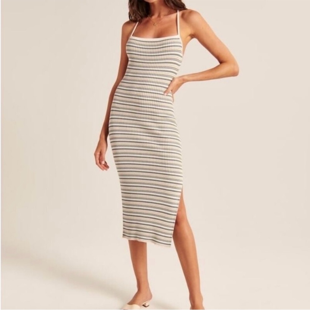 Abercrombie Lace Up Ribbed Midi Dress in Navy Stripe